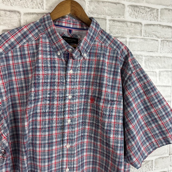 ARIAT Pro Series Red White Blue Plaid Casual SS Button Down Shirt Mens 2XL - Picture 1 of 8
